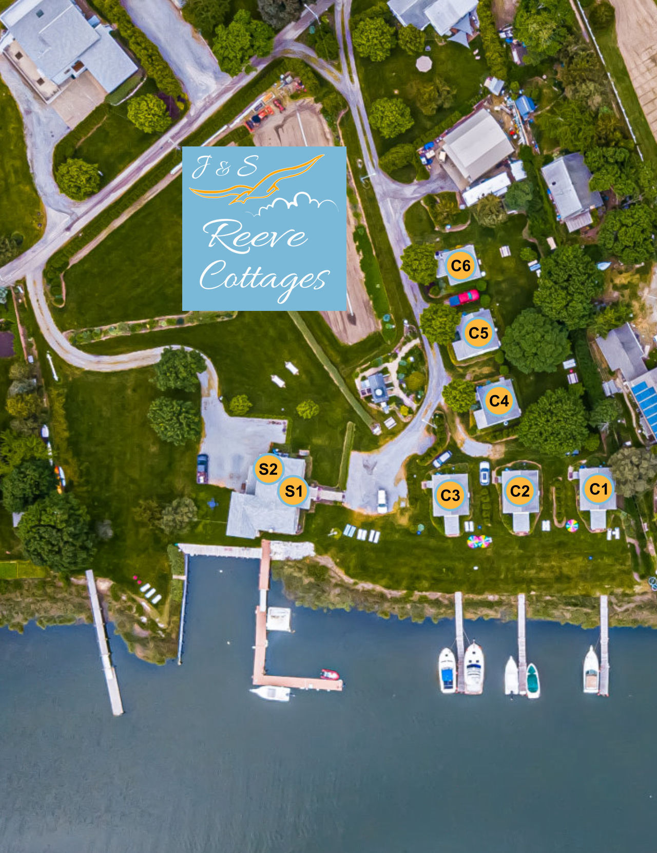 Waterfront Vacation Rentals Birds-Eye-View of all Cottage and Suite Locations on our property